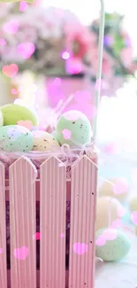 Pastel Easter eggs with pink heart bokeh design.