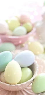 Charming pastel Easter eggs with pink decor and bokeh lights in background.