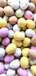 Pastel colored Easter eggs in a vibrant, festive pattern.