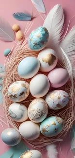 Pastel Easter eggs nestled among delicate feathers in a soft and elegant arrangement.