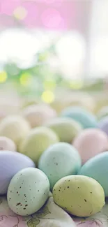 Pastel colored Easter eggs in soft focus, perfect for spring mobile wallpaper.
