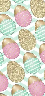 Pastel pink and mint Easter eggs with gold glitter accents on a zigzag pattern.