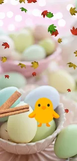 Pastel Easter eggs with cute chick in a decorative bowl.