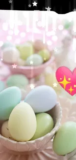 Pastel eggs, pink heart, sparkles in dreamy theme