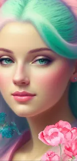 Pastel fantasy art portrait with floral elements and ethereal colors.