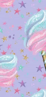 Whimsical pastel wallpaper with candy and stars.