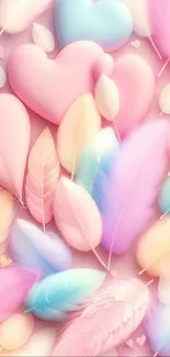 Pastel feathers and hearts wallpaper with soothing colors.