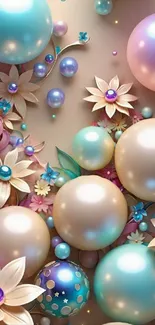 Mobile wallpaper with pastel bubbles and floral design in blues and pinks.