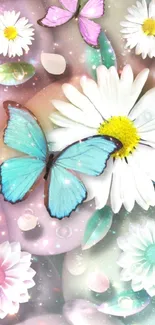 Mobile wallpaper with butterflies and daisies in pastel colors.