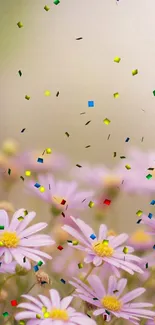 Lavender flowers with colorful confetti on a serene mobile wallpaper.