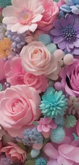 Elegant pastel floral wallpaper with pink, purple, and blue flowers.