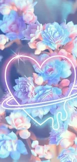 Pastel floral heart wallpaper with neon accent.