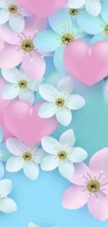 Pastel flowers and hearts on blue background.