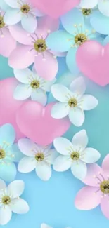 Pastel pink hearts and flowers on blue background.