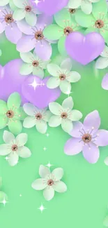 Pastel wallpaper with green and purple flowers and hearts.