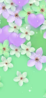 Pastel floral hearts and blossoms on a mint green background.