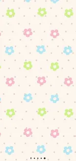 Pastel floral wallpaper with pink, blue, and green flowers on cream background.