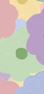 Pastel floral wallpaper with soft painted flowers in pink, green, and purple hues.