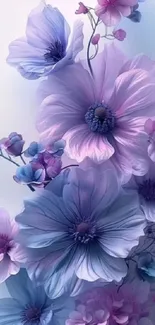 Mobile wallpaper with purple and blue flowers in a soft pastel style.