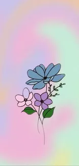 Pastel floral wallpaper with blue flowers on a soft gradient background.