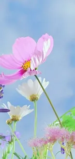 Delicate pastel flowers against a soft blue sky.