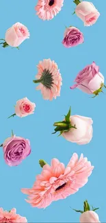 Pastel floral mobile wallpaper with pink and purple flowers on blue background.