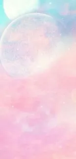 Pastel galaxy wallpaper with planets in pink and blue hues.