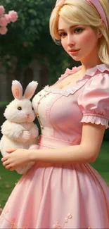 Blonde woman in pink dress holding rabbit in garden.