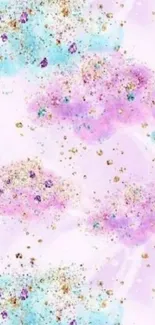 Dreamy pastel glitter clouds wallpaper with pink, purple, and blue hues.