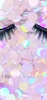 Pastel glitter wallpaper with lashes for a dreamy look.