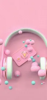 Pink headphones with bubbles on pastel background.