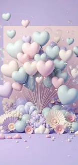 Pastel heart balloons with floral accents on a lavender background.