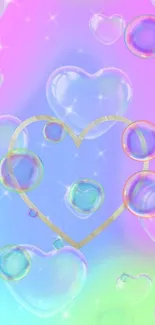 Pastel heart wallpaper with bubbles and sparkling gradient design.