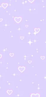 Purple wallpaper with pastel hearts and sparkling stars.