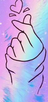 Vibrant pastel wallpaper with hand and heart gesture, stars in background.