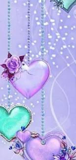 Lavender and teal heart wallpaper with floral accents.