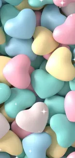 Colorful pastel heart pattern wallpaper with blue, pink, and yellow hearts.