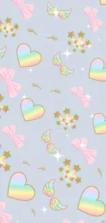 Whimsical pastel wallpaper with hearts, stars, and wings on light blue.