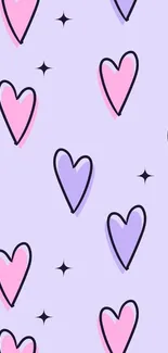 Lavender background with pink and purple heart pattern.