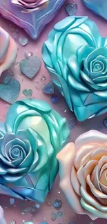 Pastel heart-shaped roses in blue and pink hues.