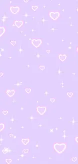 Pastel purple wallpaper with pink hearts and sparkles.