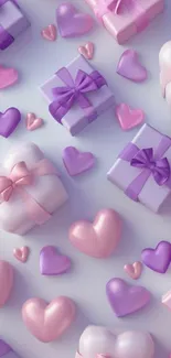 Vibrant pastel wallpaper with pink and purple hearts and gift boxes.