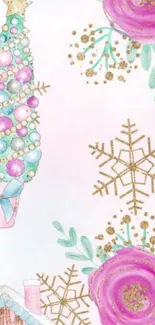 Pastel wallpaper with Christmas tree and pink roses.