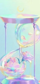 Colorful pastel hourglass with petals and soft hues.