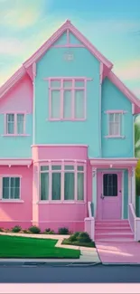 Pastel-colored house with pink and blue hues, perfect for aesthetic wallpaper.