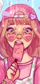 Pastel art of girl with ice cream, in heart sunglasses and pink tones.