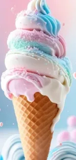 Pastel ice cream cone with colorful scoops.