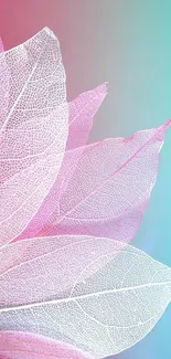 Pastel leaves art with pink and green hues for phone wallpaper.