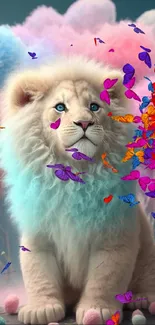 Pastel lion sitting amidst colorful, fluffy trees.