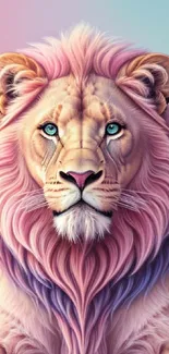 Majestic lion with a pink mane against a pastel background in artistic style.